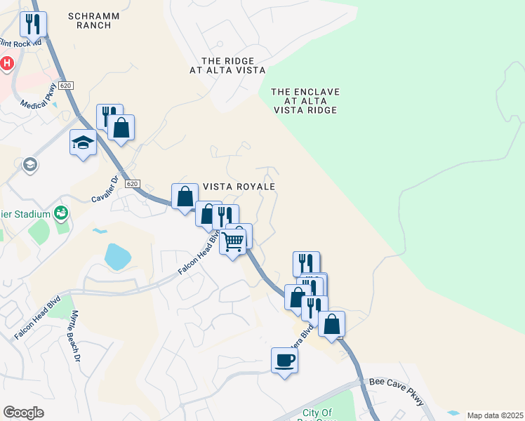 map of restaurants, bars, coffee shops, grocery stores, and more near 3499 Ranch Road 620 South in Austin