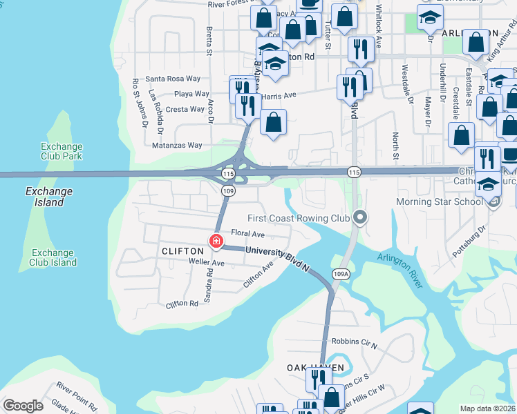 map of restaurants, bars, coffee shops, grocery stores, and more near 5682 Tanglewood Lane in Jacksonville