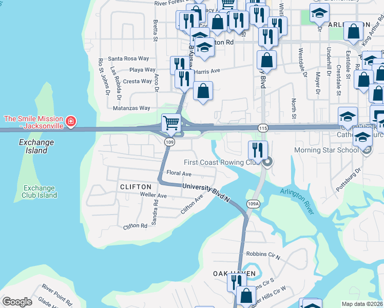map of restaurants, bars, coffee shops, grocery stores, and more near 5682 Tanglewood Lane in Jacksonville