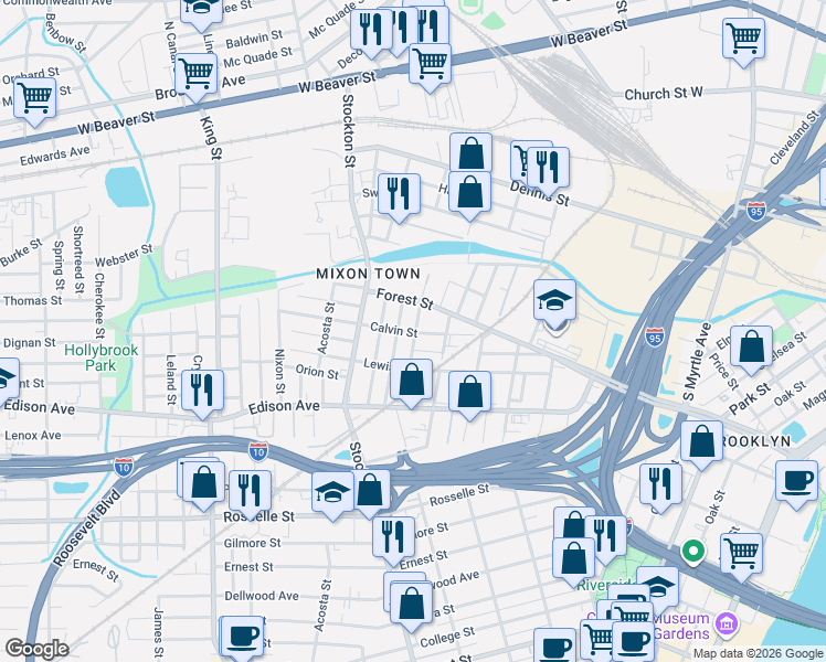 map of restaurants, bars, coffee shops, grocery stores, and more near 2285 Calvin Street in Jacksonville