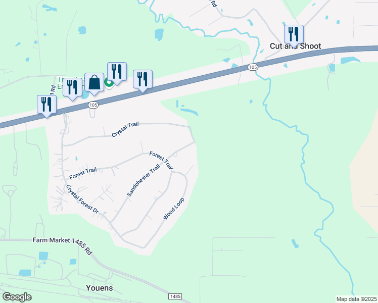 map of restaurants, bars, coffee shops, grocery stores, and more near 13580 Sandchester Trail in Conroe