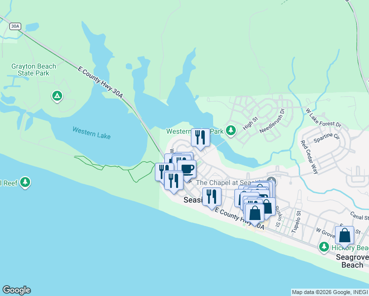 map of restaurants, bars, coffee shops, grocery stores, and more near 135 Buttercup Street in Santa Rosa Beach