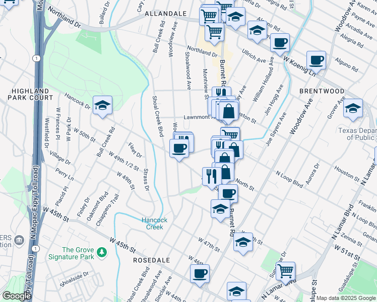 map of restaurants, bars, coffee shops, grocery stores, and more near 2304 West North Loop Boulevard in Austin