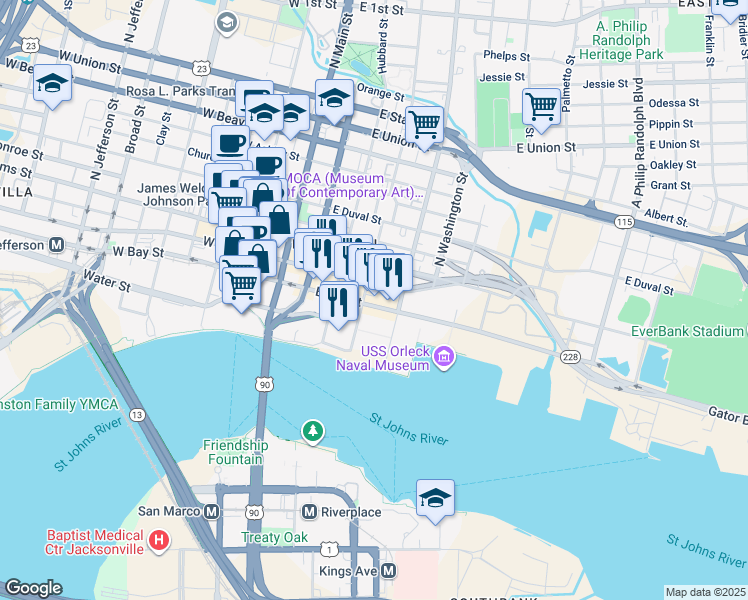 map of restaurants, bars, coffee shops, grocery stores, and more near 301 East Bay Street in Jacksonville