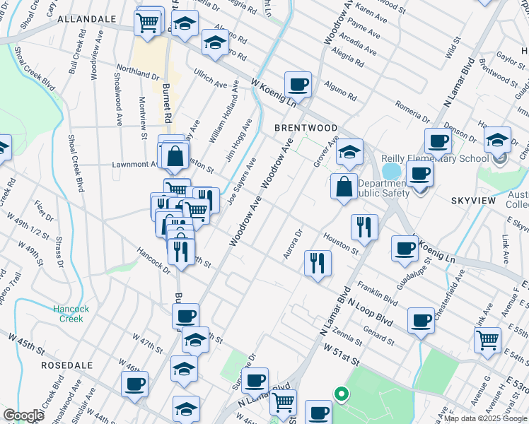 map of restaurants, bars, coffee shops, grocery stores, and more near 5406 Roosevelt Ave in Austin