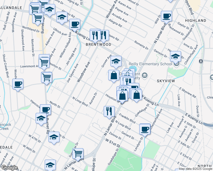 map of restaurants, bars, coffee shops, grocery stores, and more near 5600 Sunshine Drive in Austin