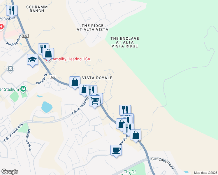map of restaurants, bars, coffee shops, grocery stores, and more near 3501 Ranch Road 620 in Austin
