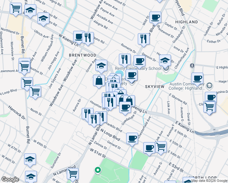 map of restaurants, bars, coffee shops, grocery stores, and more near 5626 North Lamar Boulevard in Austin