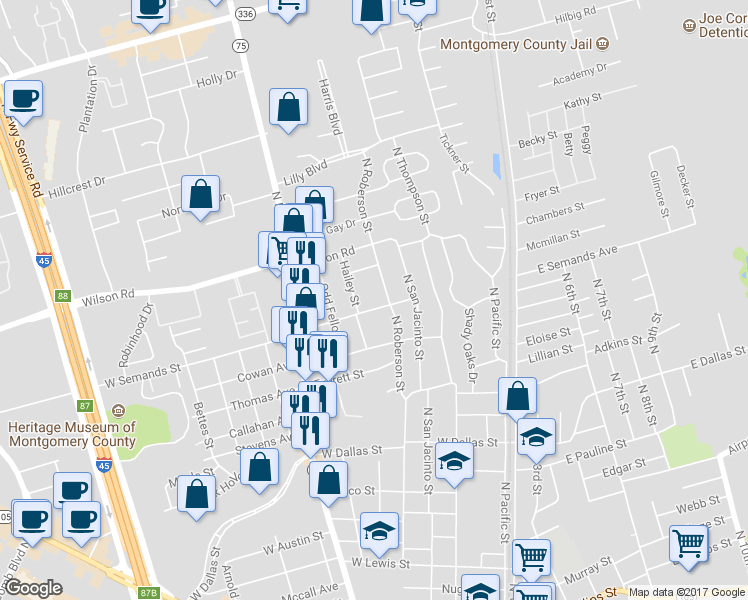 map of restaurants, bars, coffee shops, grocery stores, and more near 402 West Semands Avenue in Conroe