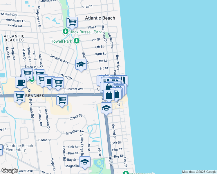 map of restaurants, bars, coffee shops, grocery stores, and more near 307 Ahern Street in Atlantic Beach