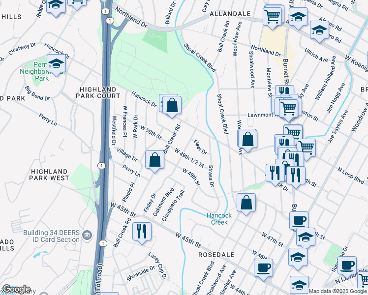 map of restaurants, bars, coffee shops, grocery stores, and more near 4918 Finley Drive in Austin