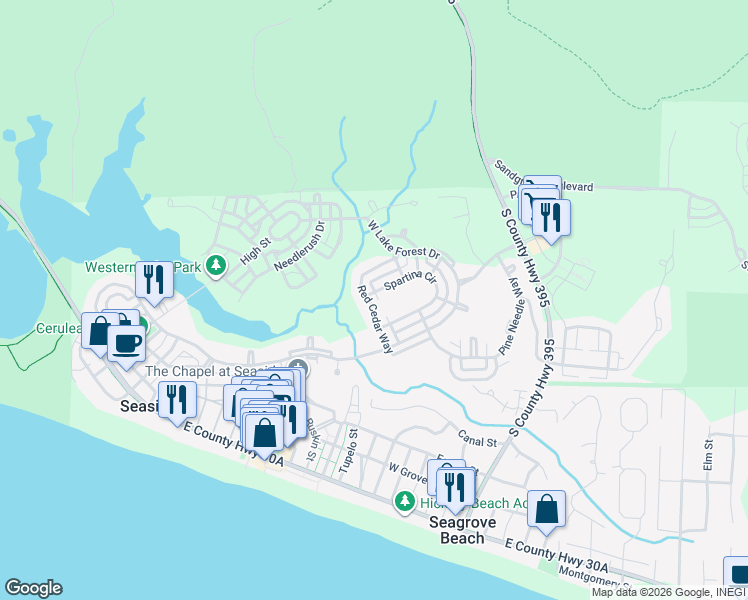 map of restaurants, bars, coffee shops, grocery stores, and more near 189 Red Cedar Way in Santa Rosa Beach