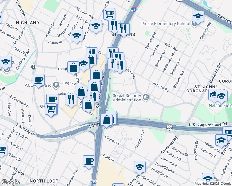 map of restaurants, bars, coffee shops, grocery stores, and more near 935 La Posada Drive in Austin