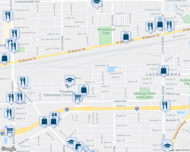 map of restaurants, bars, coffee shops, grocery stores, and more near 3643 Dillon Street in Jacksonville