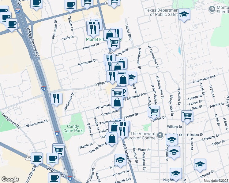 map of restaurants, bars, coffee shops, grocery stores, and more near 901 Wilson Road in Conroe