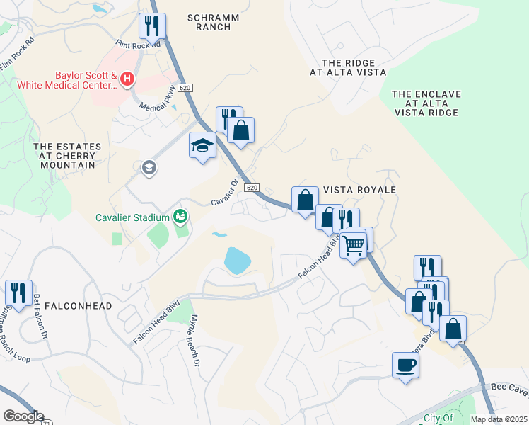 map of restaurants, bars, coffee shops, grocery stores, and more near 3400 Ranch Road 620 South in Bee Cave