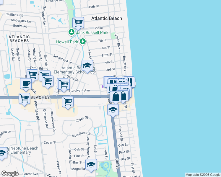 map of restaurants, bars, coffee shops, grocery stores, and more near 307 Ahern Street in Atlantic Beach