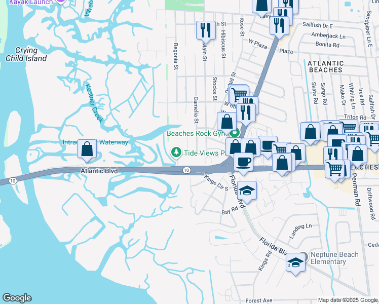 map of restaurants, bars, coffee shops, grocery stores, and more near 119 Jasmine Street in Atlantic Beach
