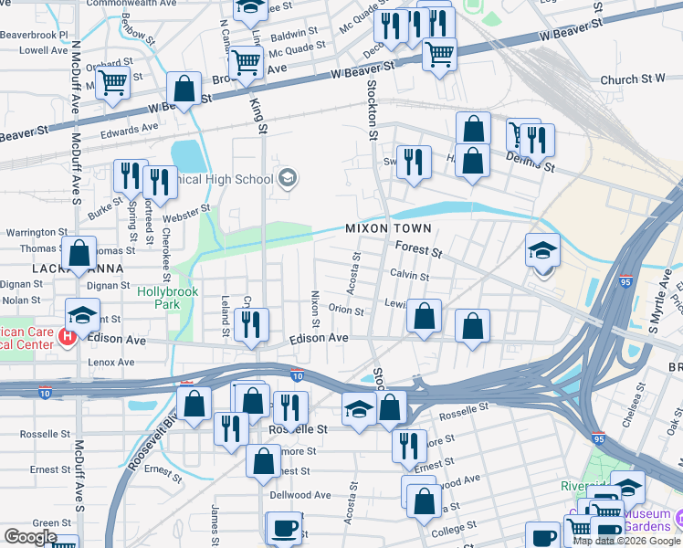 map of restaurants, bars, coffee shops, grocery stores, and more near 2555 Hiland Street in Jacksonville
