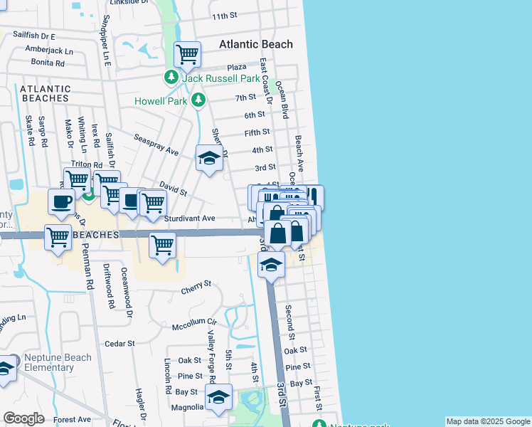 map of restaurants, bars, coffee shops, grocery stores, and more near 307 Ahern Street in Atlantic Beach