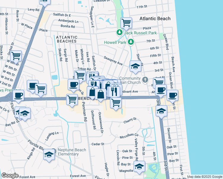 map of restaurants, bars, coffee shops, grocery stores, and more near 124 Magnolia Street in Atlantic Beach