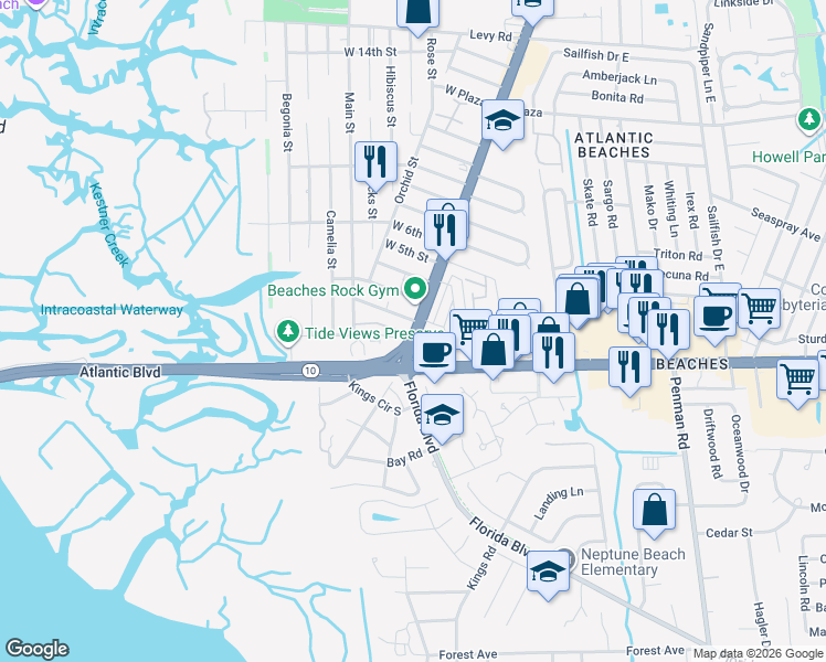 map of restaurants, bars, coffee shops, grocery stores, and more near 166 Oceangate Drive in Atlantic Beach