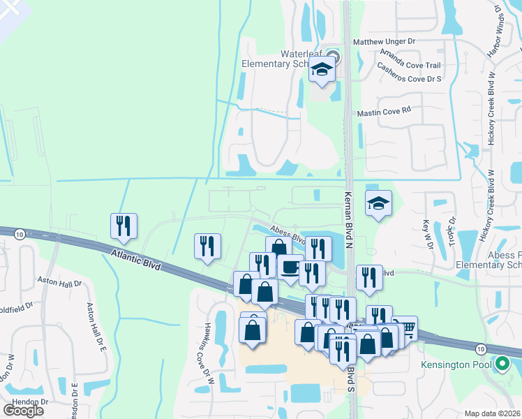 map of restaurants, bars, coffee shops, grocery stores, and more near 11901 Abess Boulevard in Jacksonville