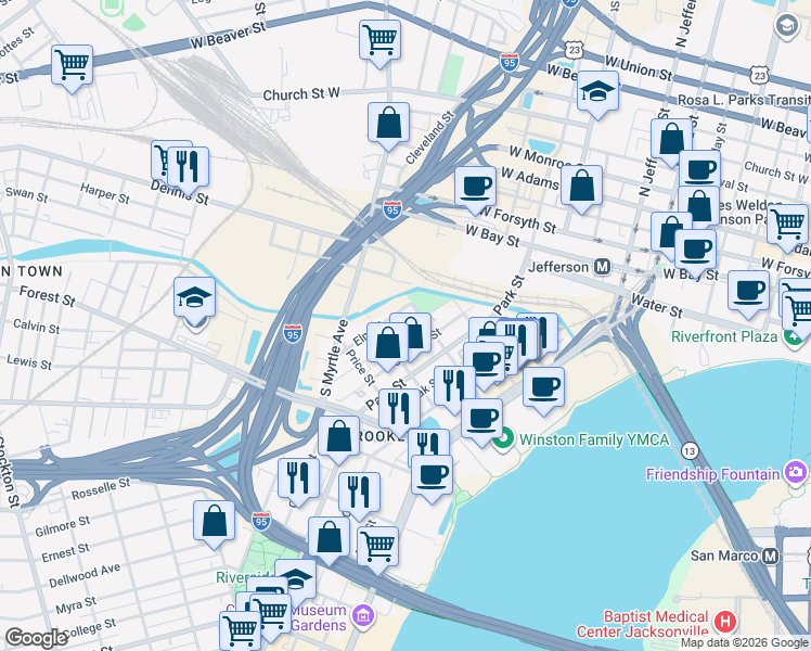 map of restaurants, bars, coffee shops, grocery stores, and more near 218 Spruce Street in Jacksonville