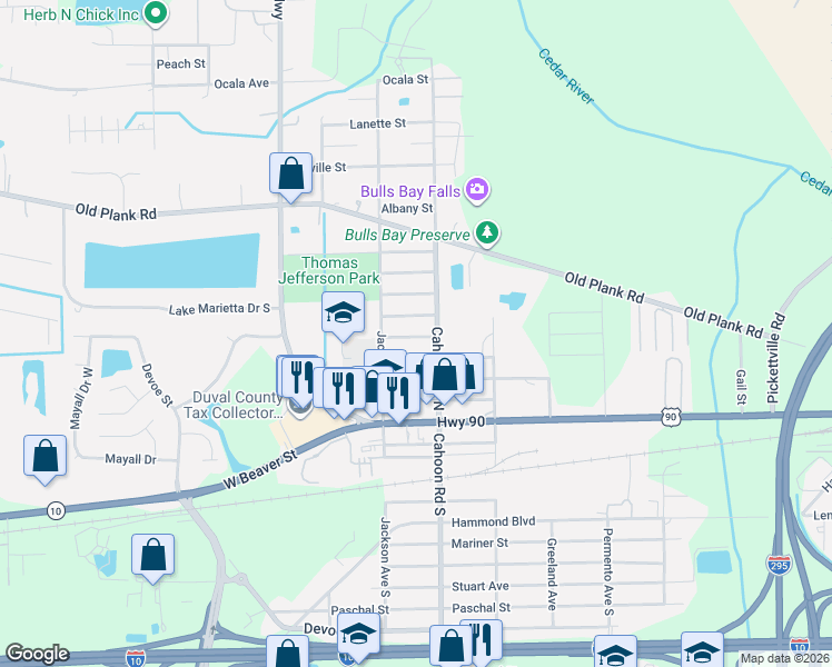 map of restaurants, bars, coffee shops, grocery stores, and more near 8137 Oklahoma Street in Jacksonville