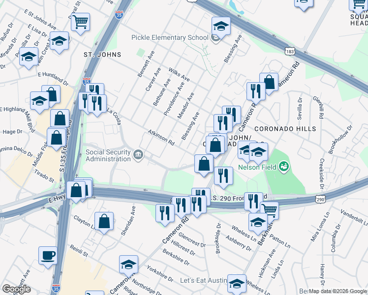 map of restaurants, bars, coffee shops, grocery stores, and more near 6901 Blessing Avenue in Austin