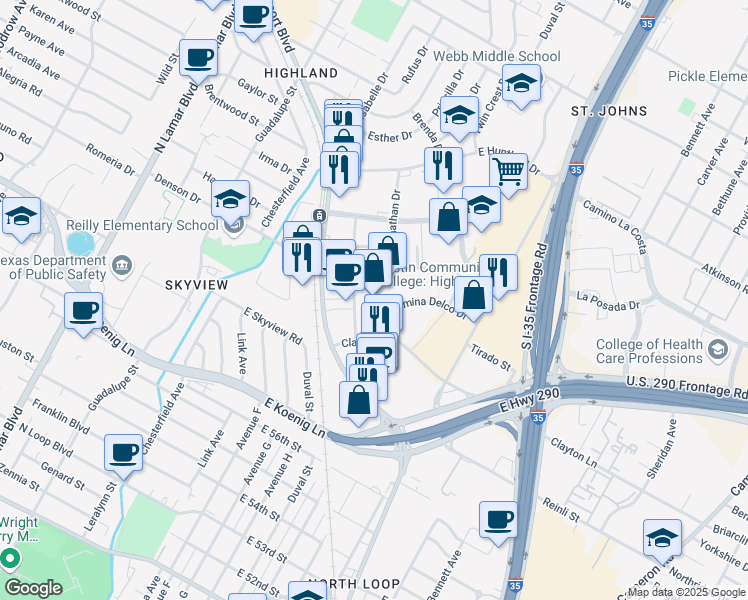 map of restaurants, bars, coffee shops, grocery stores, and more near 109 Jacob Fontaine Lane in Austin