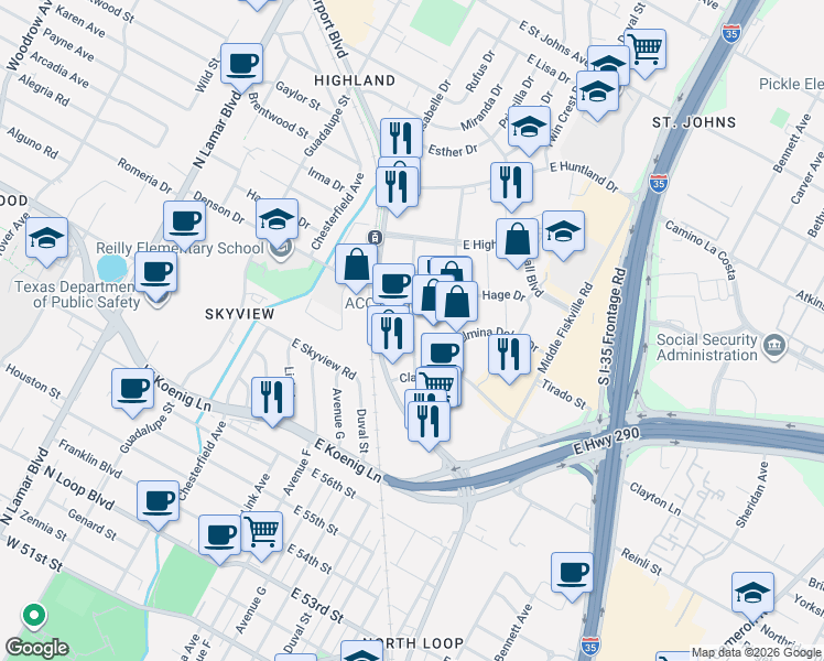 map of restaurants, bars, coffee shops, grocery stores, and more near 109 Jacob Fontaine Lane in Austin