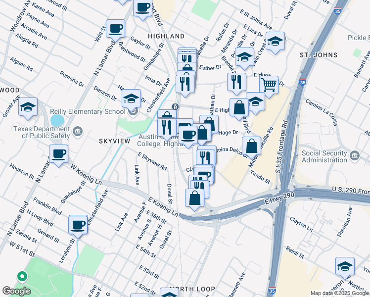map of restaurants, bars, coffee shops, grocery stores, and more near 110 Jacob Fontaine Lane in Austin