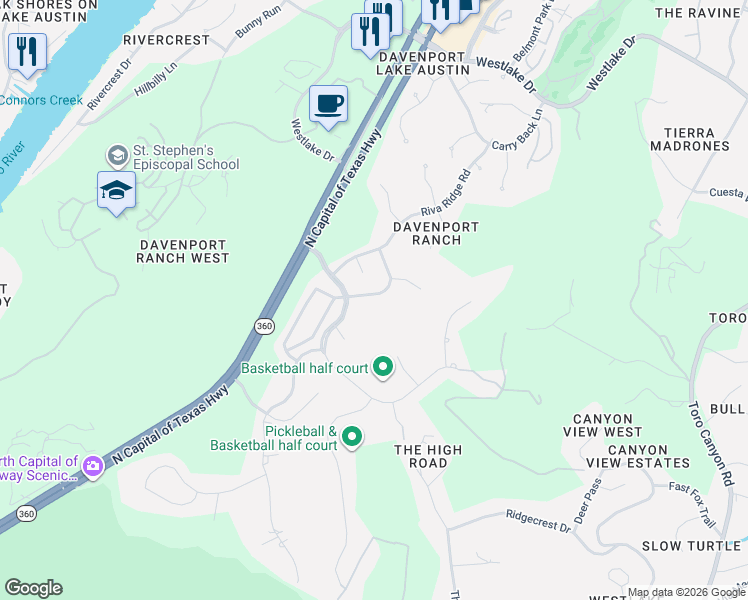 map of restaurants, bars, coffee shops, grocery stores, and more near 2901 Round Table Road in Austin