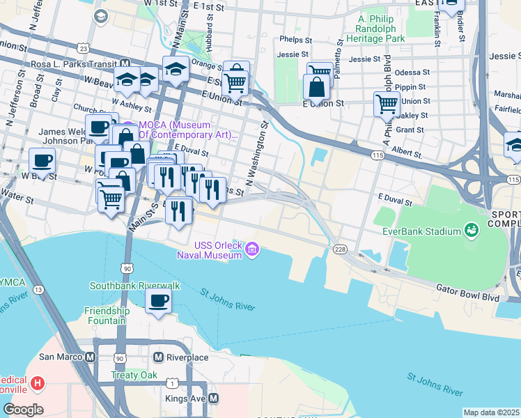 map of restaurants, bars, coffee shops, grocery stores, and more near 500 East Adams Street in Jacksonville