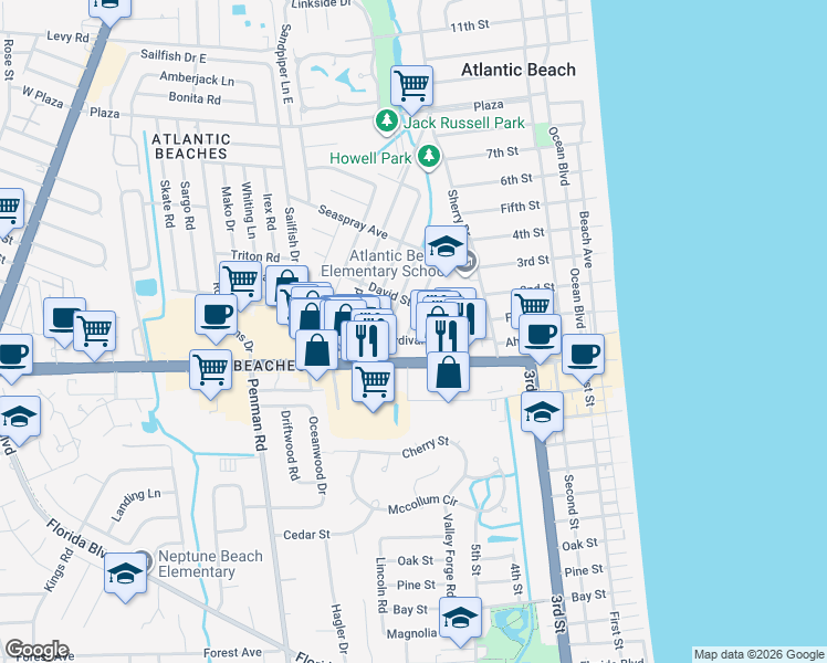 map of restaurants, bars, coffee shops, grocery stores, and more near 125 Poinsettia Street in Atlantic Beach