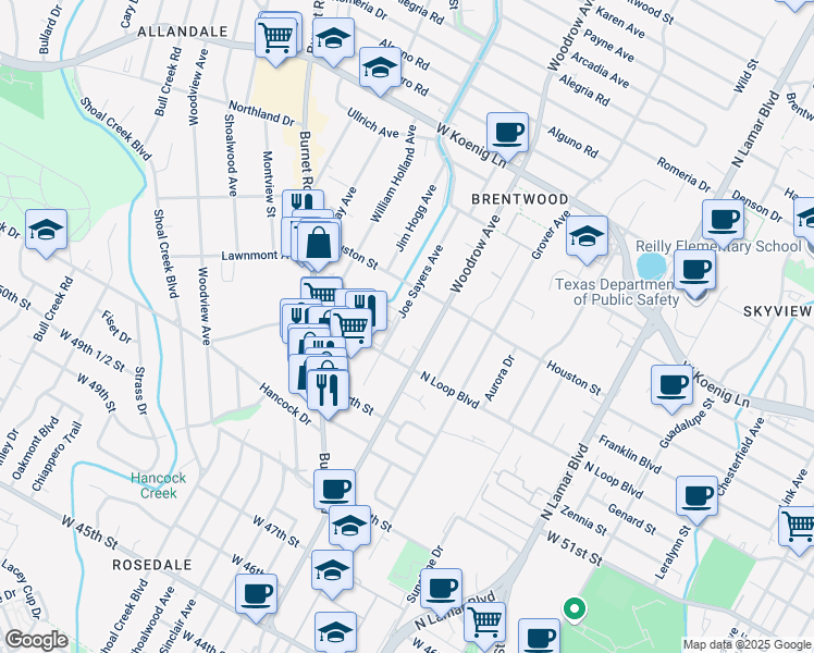 map of restaurants, bars, coffee shops, grocery stores, and more near 5314A Woodrow Avenue in Austin