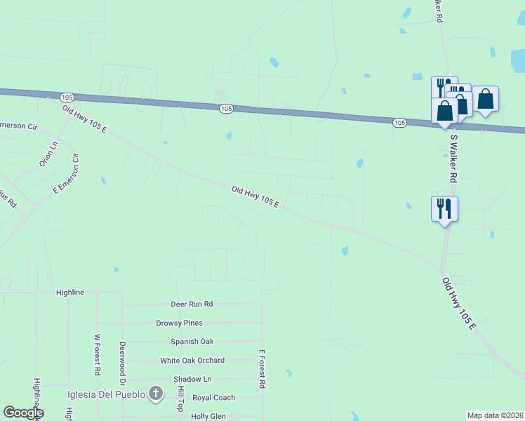 map of restaurants, bars, coffee shops, grocery stores, and more near 2228 Ben Boulevard in Conroe