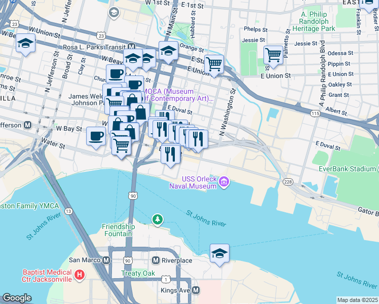 map of restaurants, bars, coffee shops, grocery stores, and more near 233 East Bay Street in Jacksonville