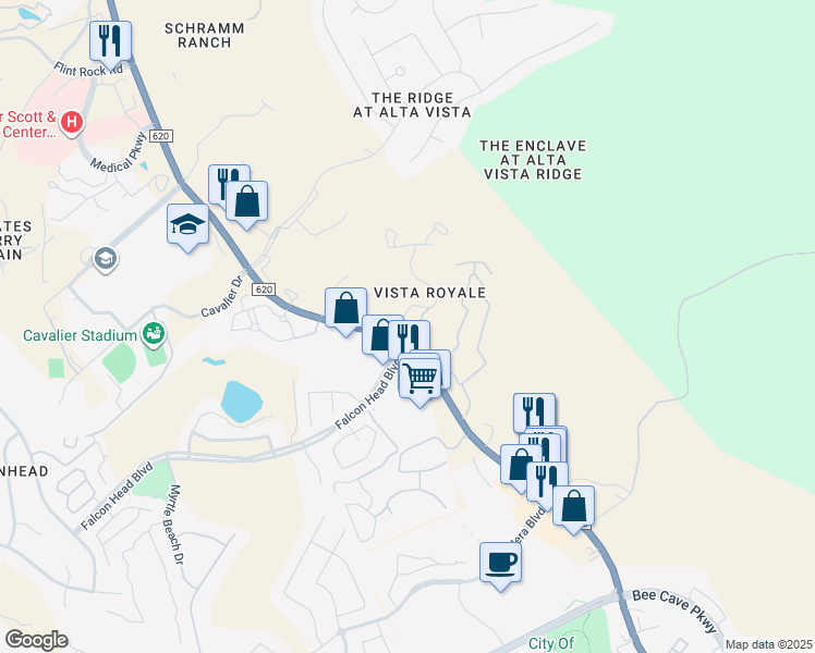map of restaurants, bars, coffee shops, grocery stores, and more near 3499 Ranch Road 620 in Austin