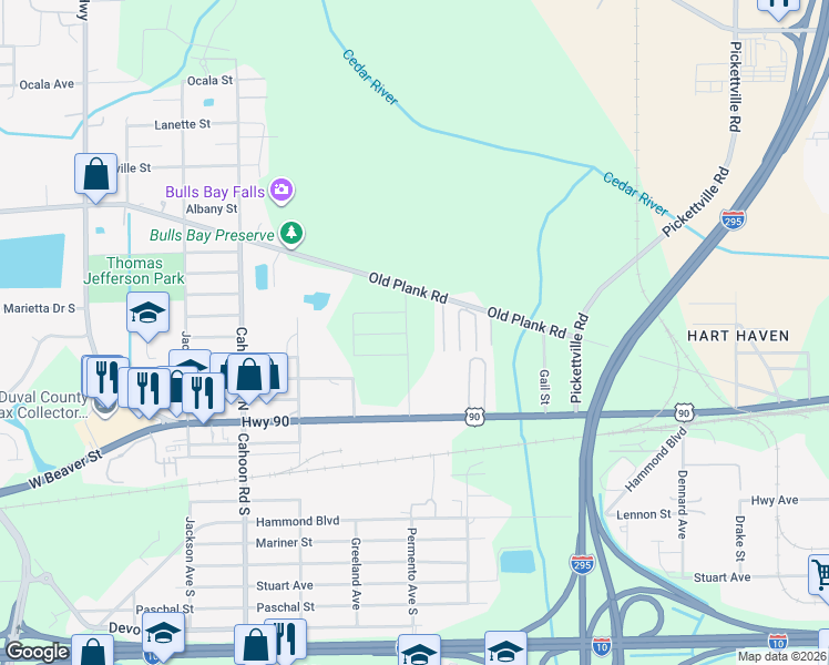 map of restaurants, bars, coffee shops, grocery stores, and more near 161 Permento Avenue in Jacksonville