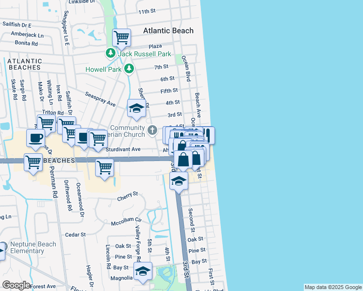 map of restaurants, bars, coffee shops, grocery stores, and more near 307 Ahern Street in Atlantic Beach