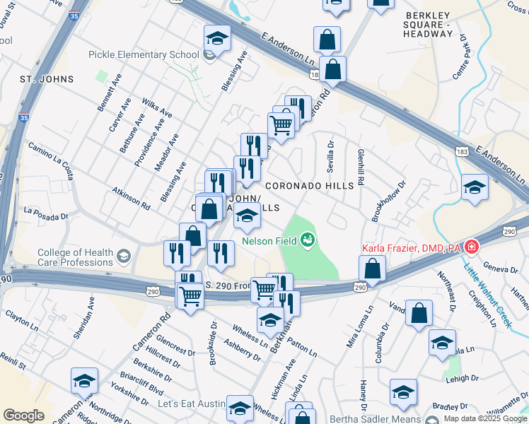 map of restaurants, bars, coffee shops, grocery stores, and more near 7205 Cameron Road in Austin