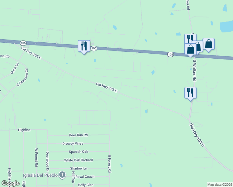 map of restaurants, bars, coffee shops, grocery stores, and more near 17674 Old Highway 105 East in Conroe