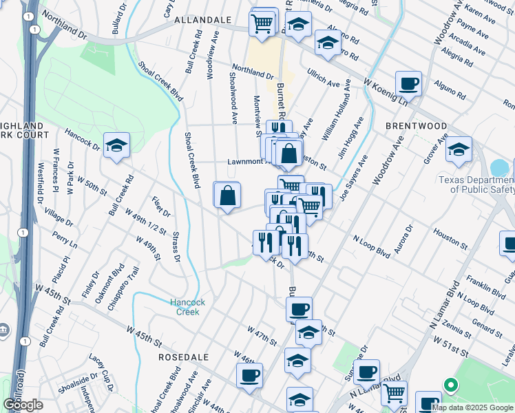 map of restaurants, bars, coffee shops, grocery stores, and more near 2217 West North Loop Boulevard in Austin