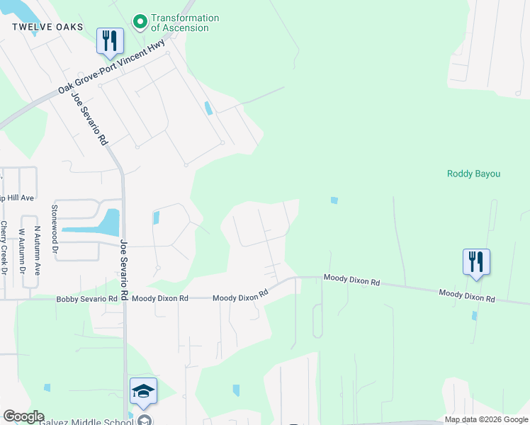 map of restaurants, bars, coffee shops, grocery stores, and more near 17424 Wirth Place in Prairieville