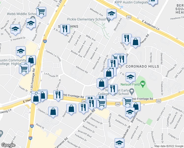 map of restaurants, bars, coffee shops, grocery stores, and more near 6901 Blessing Avenue in Austin