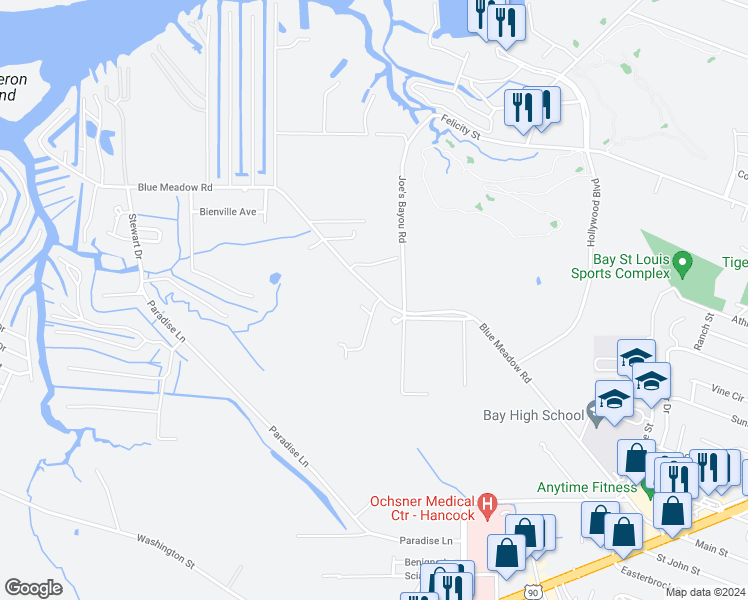 map of restaurants, bars, coffee shops, grocery stores, and more near 10111 Quail Way in Bay Saint Louis