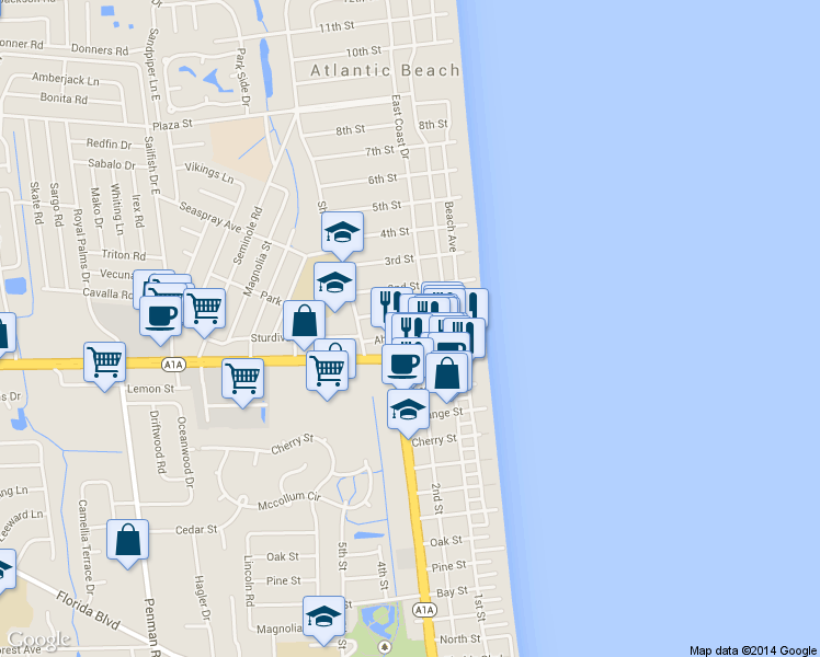 map of restaurants, bars, coffee shops, grocery stores, and more near 329 Ahern Street in Atlantic Beach