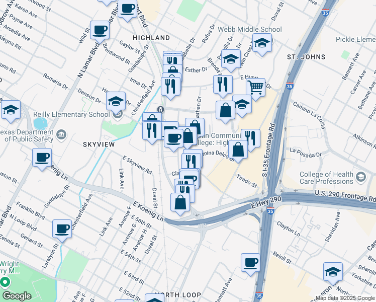 map of restaurants, bars, coffee shops, grocery stores, and more near East Highland Mall Boulevard in Austin